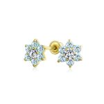 Tiny CZ Cubic Zirconia Flower Stud Earrings Real 14K Gold Screw back