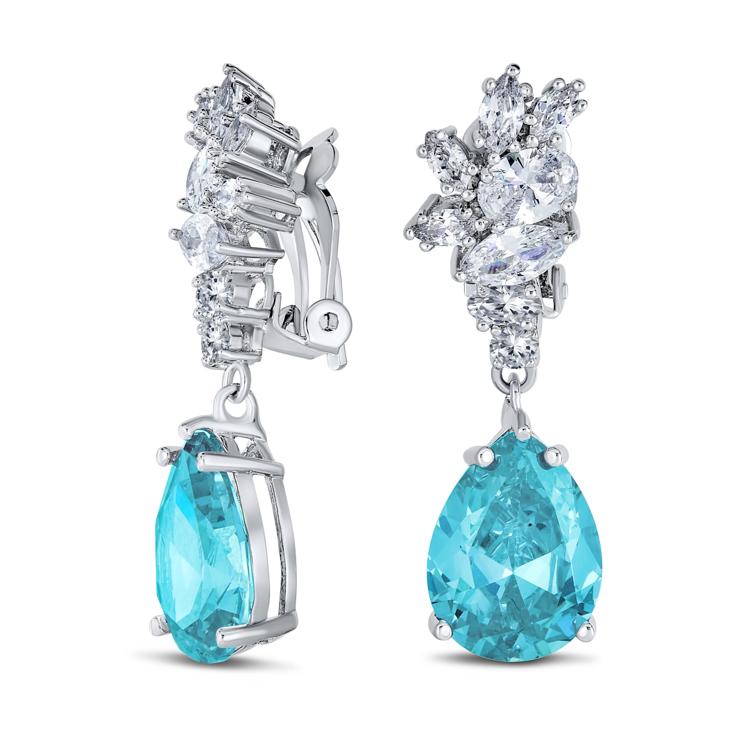 aqua-blue-statement-dangle-clipon-earrings-oa-21ola2116-az_1 Vintage Style CZ Gemstone Leaf Teardrop Clip-On Earrings for Weddings & Proms - Image 1