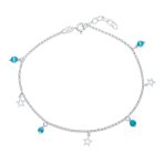 Dangle Aqua Blue Cats Eye Bead Anklet Ankle Bracelet Star Charms Sterling Silver