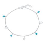 Dangle Aqua Blue Cats Eye Bead Anklet Ankle Bracelet Star Charms Sterling Silver