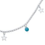 Dangle Aqua Blue Cats Eye Bead Anklet Ankle Bracelet Star Charms Sterling Silver - Image 2
