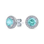 Round Solitaire Halo Purple CZ Stud Earrings.925 Sterling Silver 8MM