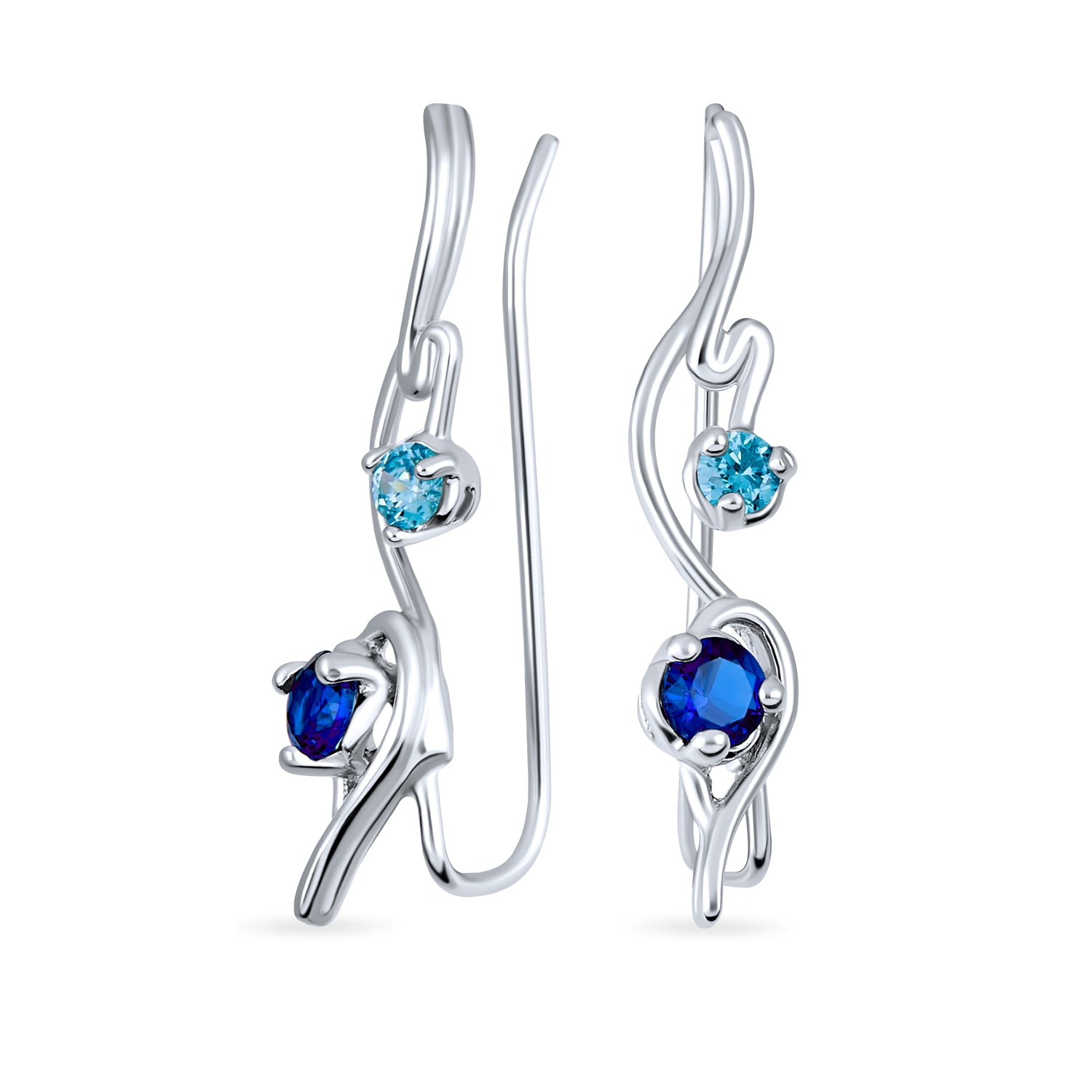 aqua-sapphire-silver-blue-cz-ear-crawler_mdr-3478e-20a-1_1 Swirl Wire Ear Cuff Climber Aqua Blue Sapphire CZ Earrings Sterling Silver - Image 1