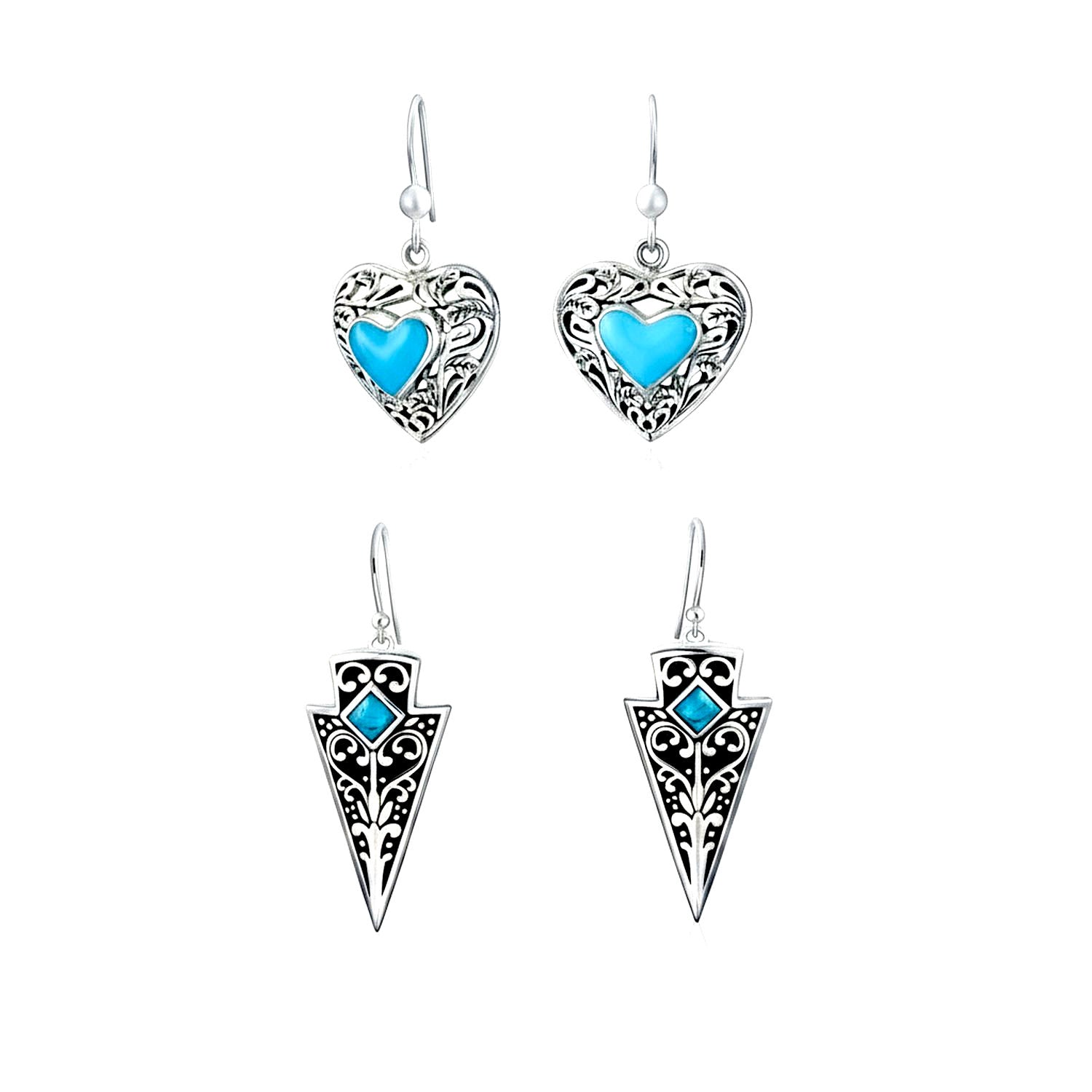 arrowhead-dangle-turquoise-heart-silver-chic-earrings-filigree-set_mdr-3971e-058-set-az Set of 2 Boho Blue Turquoise Gemstone Arrowhead & Heart Earrings Sterling Silver - Image 1