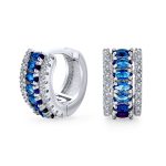 Art Deco Style Royal Blue Clear CZ Edge Cubic Zirconia Huggies Mini Hoop Earrings