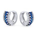 Art Deco Style Royal Blue Clear CZ Edge Cubic Zirconia Huggies Mini Hoop Earrings - Image 2