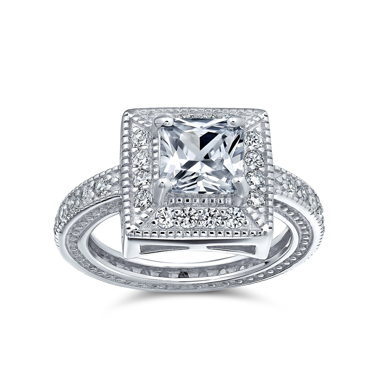 art-style-cz-engagement-ring_dt-lr0063_1 Vintage Art Deco Style CZ Milgrain Princess Cut Halo Engagement Ring Silver - Image 1