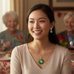 Asian Style Fu Character Green Jade Necklace & Earrings Set Sterling Silver - Image 2