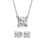 Bridal 4CT Solitaire CZ Asscher Cut Stud Earrings Pendant Gold Plated Silver Set - Image 2