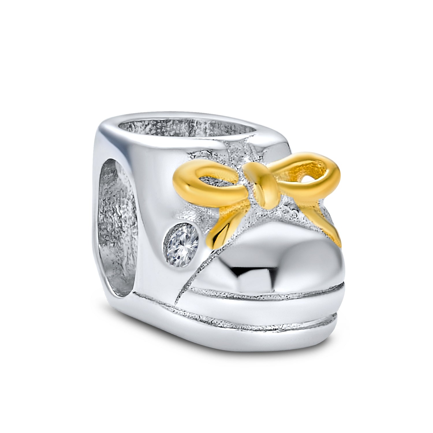 baby-shoe-bead-gold-charm_pbx-df-sb-1243_1 Two Tone Baby Shoe Charm Bead 14K Gold Plated Silver for European Bracelet - Image 1