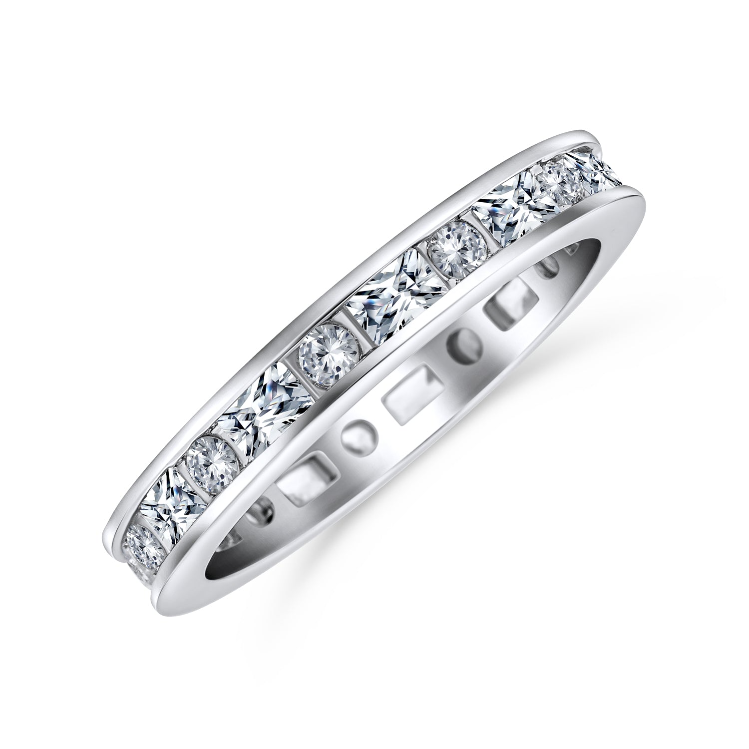 baguette-silver-ring-engagement-channel-set-cz_pk-rwedband_1 Minimalist Thin Pave Silver Ring: Stackable Eternity Wedding Band Sterling - Image 1