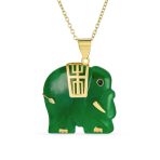Bali Tribal Green Jade Elephant Pendant Necklace 14K Gold