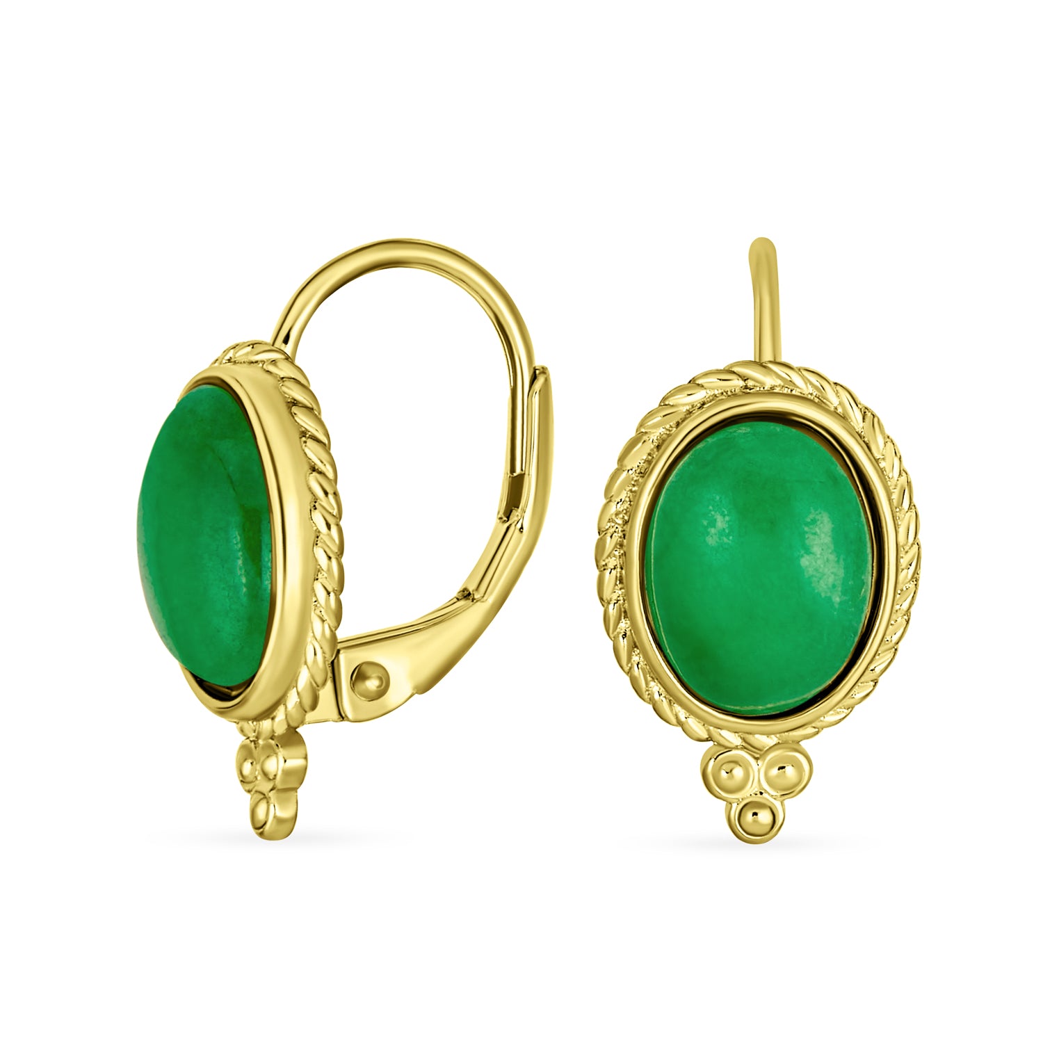 bali-green-oval-earrings-lever-back-wj-swe12958-08a-v-01 GreenJade Cable Edge Oval Gemstone Drop Earrings Gold Plated .925 Silver - Image 1