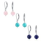 Set of 3 Simple Natural Stone 8MM Ball Drop Earrings Sterling Silver Leverback