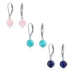 Set of 3 Simple Natural Stone 8MM Ball Drop Earrings Sterling Silver Leverback