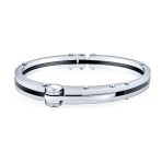 Biker Handcuff Bracelet Bangle Black Inlay Stainless Steel