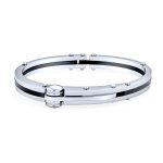 Biker Handcuff Bracelet Bangle Black Inlay Stainless Steel
