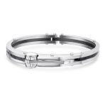 Biker Handcuff Bracelet Bangle Black Inlay Stainless Steel - Image 2