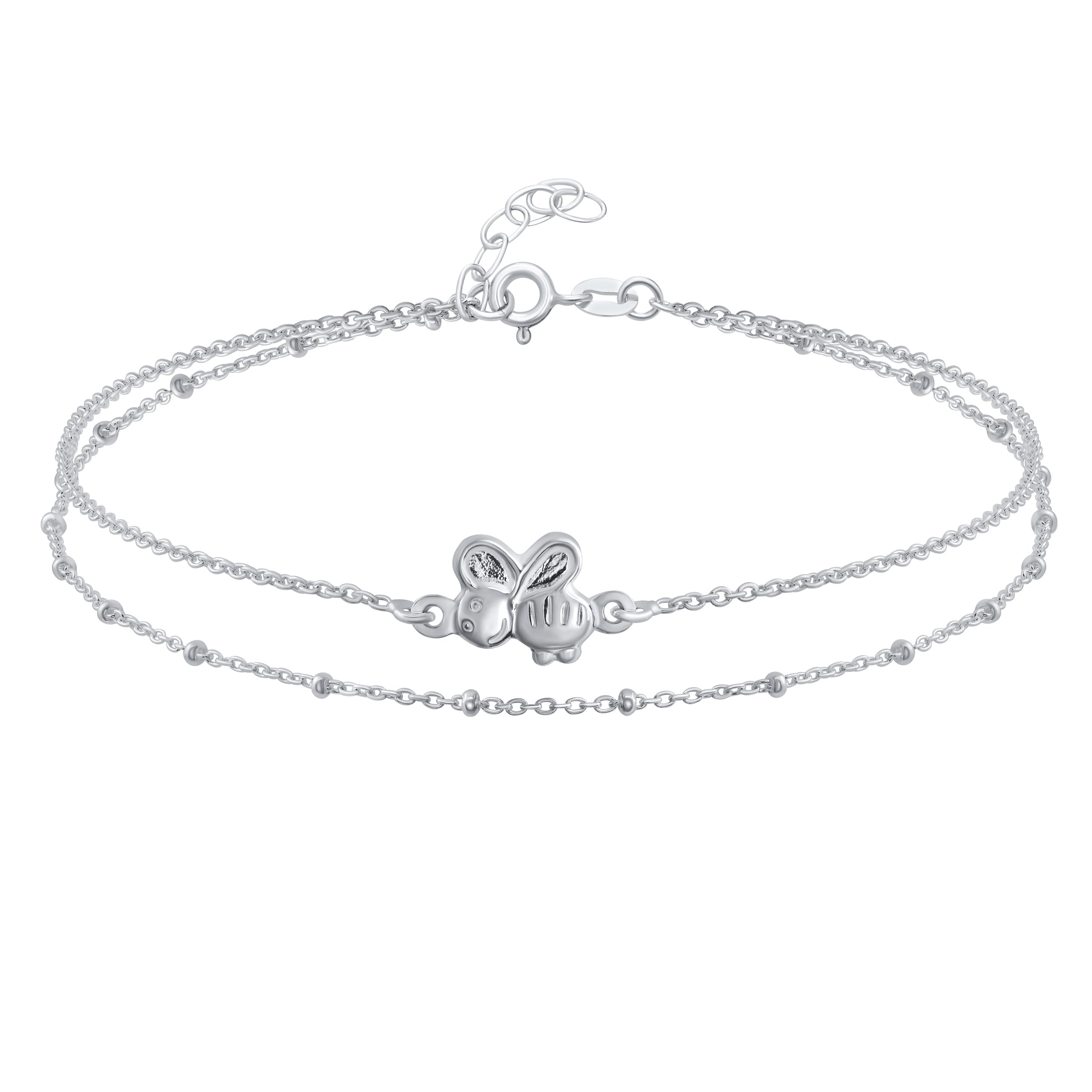 bee-charm-double-chain-anklet-srn-s118686a_011 Queen Bumble Bee Charm Anklet Ankle Bracelet Sterling Silver 9-10 Inch - Image 1