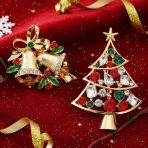 Set of 2 Large Colorful Crystal Christmas Tree and Bells Brooch Pin Gold Plated - Image 3
