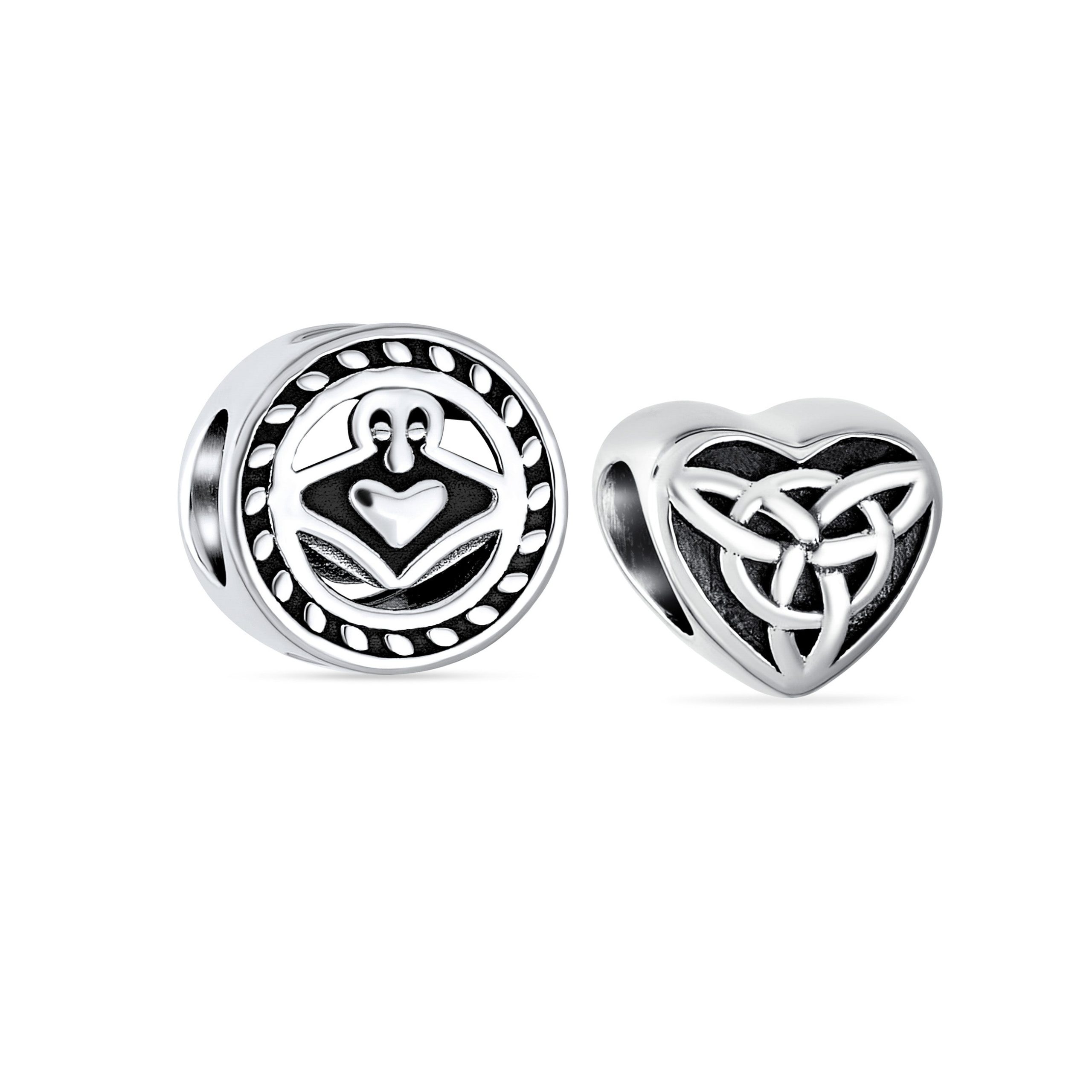 bff-celtic-claddagh-charm-pbx-ss-51471-set-az Set of 2 BFF Celtic Claddagh Irish Infinity Love Knot Heart Charm Bead Oxidized - Image 1