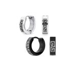 Set of 2 Greek Key Pattern Mini Hoop Huggies Earrings Black, Silver Stainless Steel