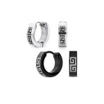 Set of 2 Greek Key Pattern Mini Hoop Huggies Earrings Black, Silver Stainless Steel