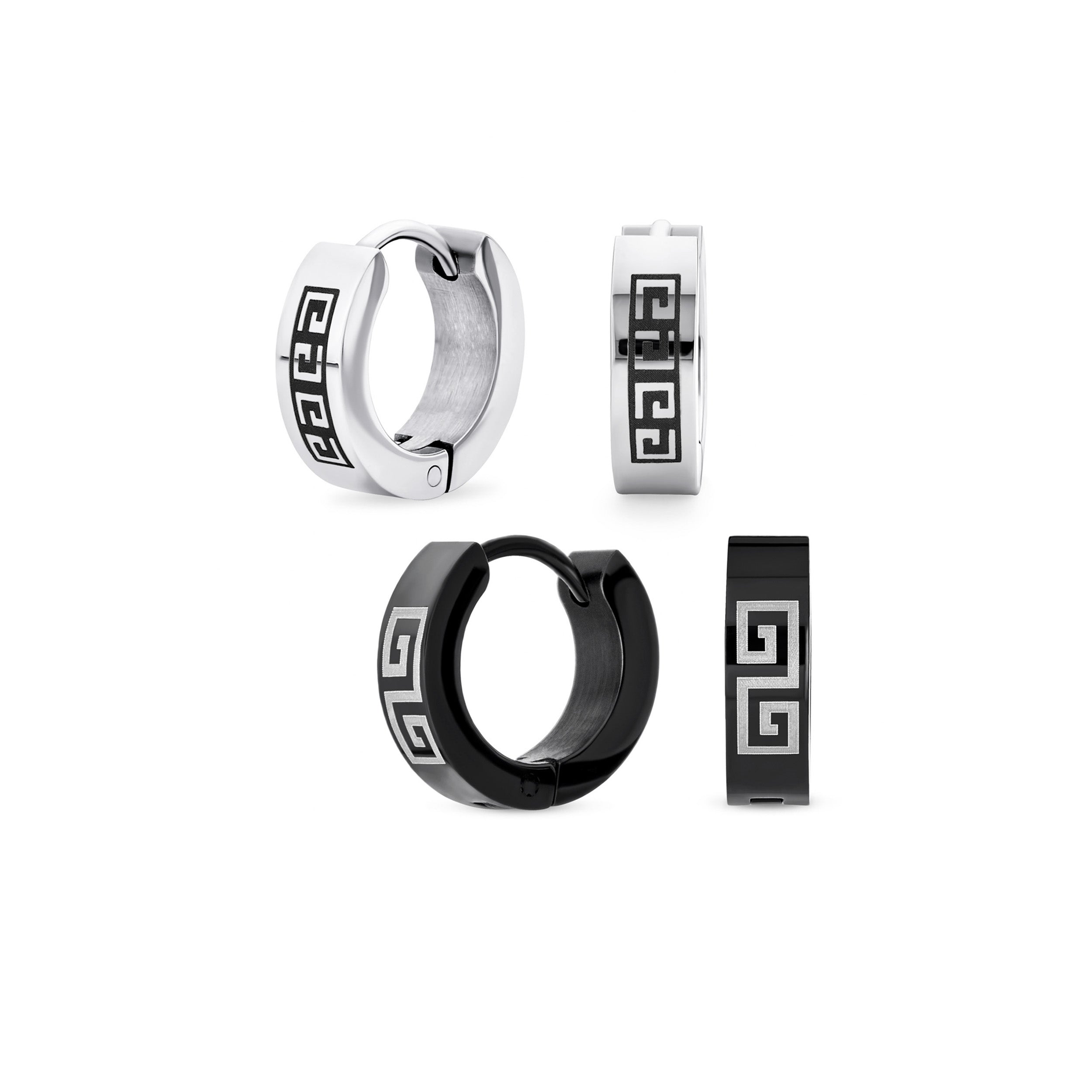 biker-greek-ancient-pattern-huggie-hoop-silver-black-earring-swk-hye-1156-set-az Set of 2 Greek Key Pattern Mini Hoop Huggies Earrings Black, Silver Stainless Steel - Image 1
