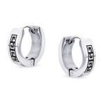 Set of 2 Greek Key Pattern Mini Hoop Huggies Earrings Black, Silver Stainless Steel - Image 2