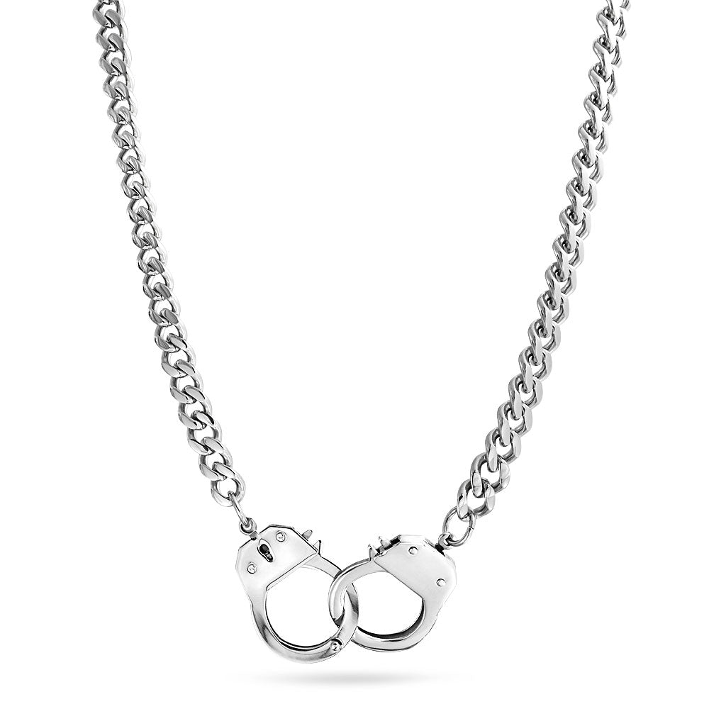 biker-lock-necklace-silver-stainless-ins-snk12 Men's Biker Punk Rock Necklace Large Chain Handcuff in Black Gold Silver - 20" - Image 1