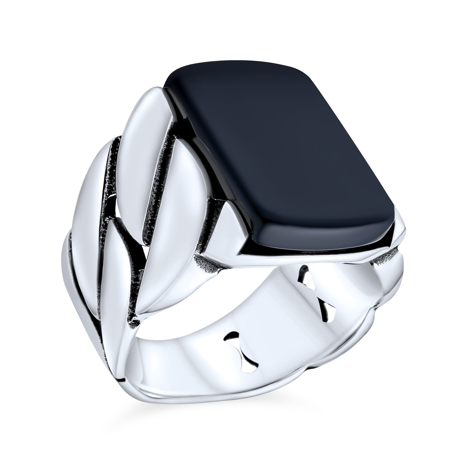 biker-onyx-mens-ring-rectangle-gemstone_pts-zky1346_1 Black Onyx Signet Statement Ring Rope Cable Wide Link Band .925 Sterling Silver - Image 1