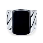 Black Onyx Signet Statement Ring Rope Cable Wide Link Band .925 Sterling Silver - Image 2