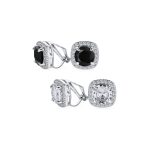 Set of 2 Black Clear 2CT Round CZ Solitaire Halo Clip-On Earrings Silver Plated