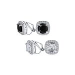 Set of 2 Black Clear 2CT Round CZ Solitaire Halo Clip-On Earrings Silver Plated
