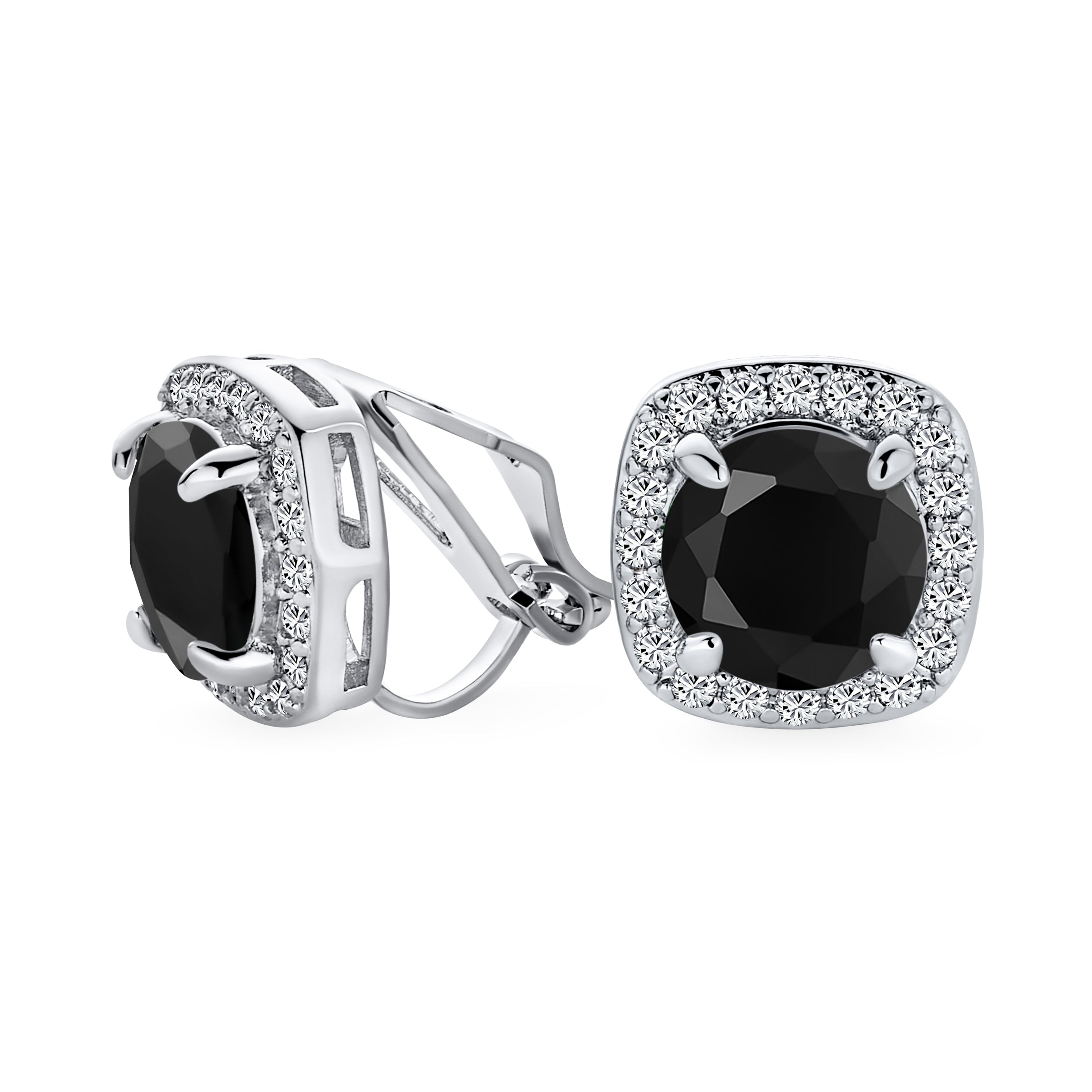 black-2ct-round-cz-halo-earrings-my-bme81945bk-01 Traditional 2CT Round CZ Solitaire Halo Clip-On Earrings GoldSilver Non-Pierced - Image 1