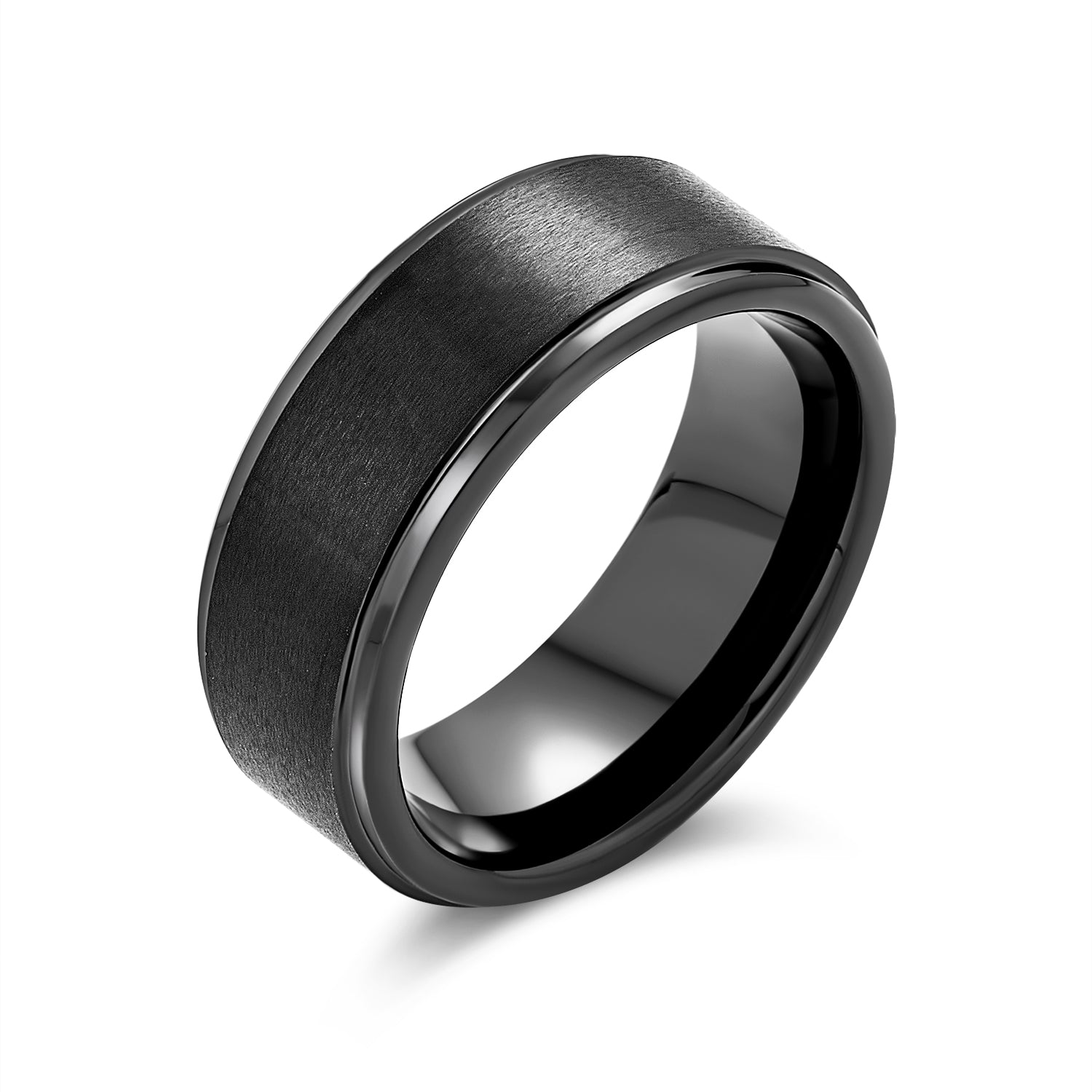 black-8mm-ring-tungsten-matte_fj-tur-204bp_1 Beveled Edge Matte Silver Couples Wedding Band Titanium Ring 8MM Wide - Image 1