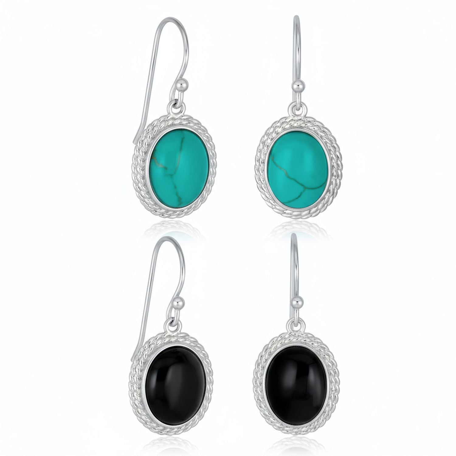 black-bali-gemstone-drop-earrings-wj-swe4283-08-set-az Set of 2 Western Cable Edge Oval Turquoise & Onyx Drop Earrings Sterling Silver - Image 1