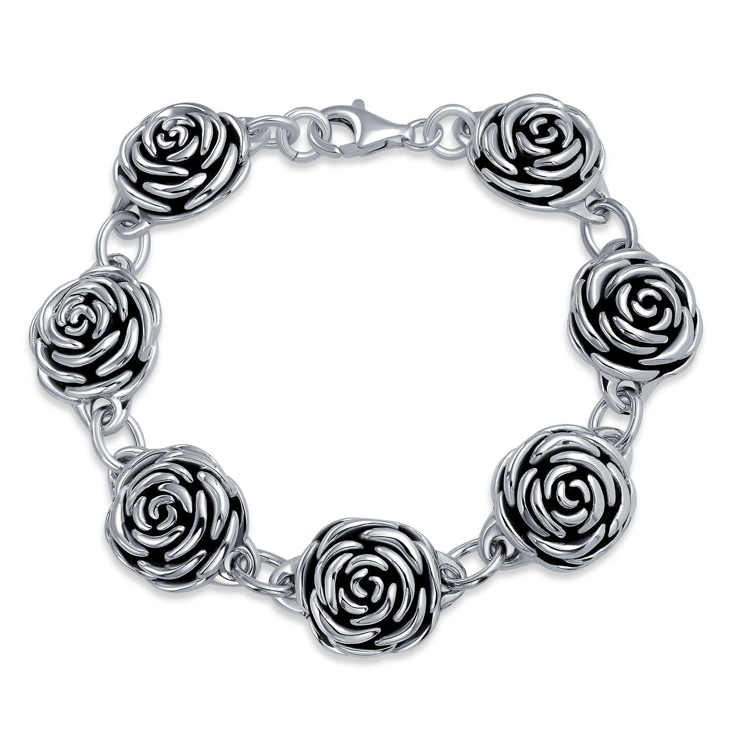 black-bracelet-roses-antiqued-silver_eus-13509b-az_1 Antiqued Finish 3D Garden Flower Strand Bracelet Black Rose - Image 1