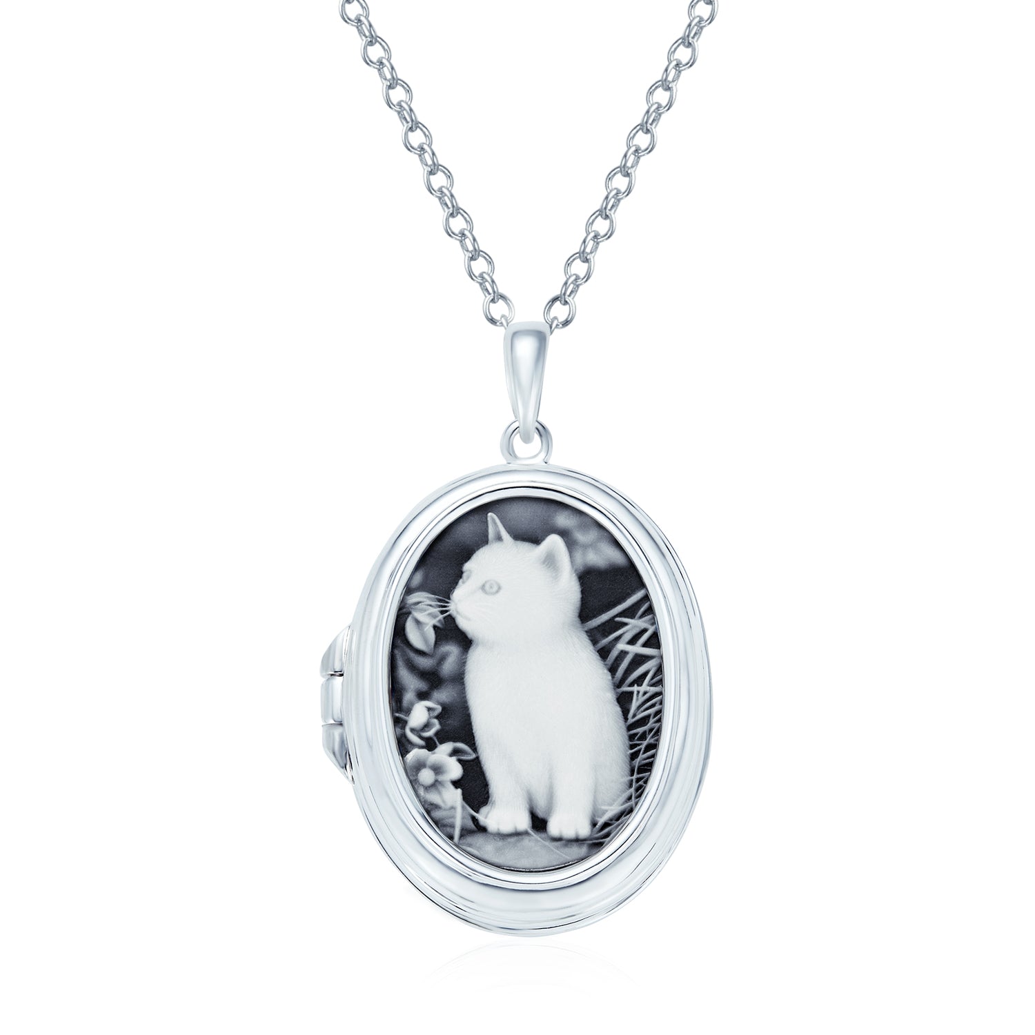 black-cat-vintage-silver-locket-yl-m259_1 Vintage Style Cat Cameo Locket Necklace with Black Onyx Sterling Silver - Image 1