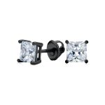 Clear Square Princess Cut Cubic Zirconia Solitaire Stud Earrings CZ Secure Screw Back Black Gold Plated .925 Sterling Silver