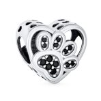 Black CZ Heart Paw Print Charm Bead for Pet Lovers