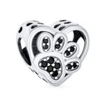 Black CZ Heart Paw Print Charm Bead for Pet Lovers