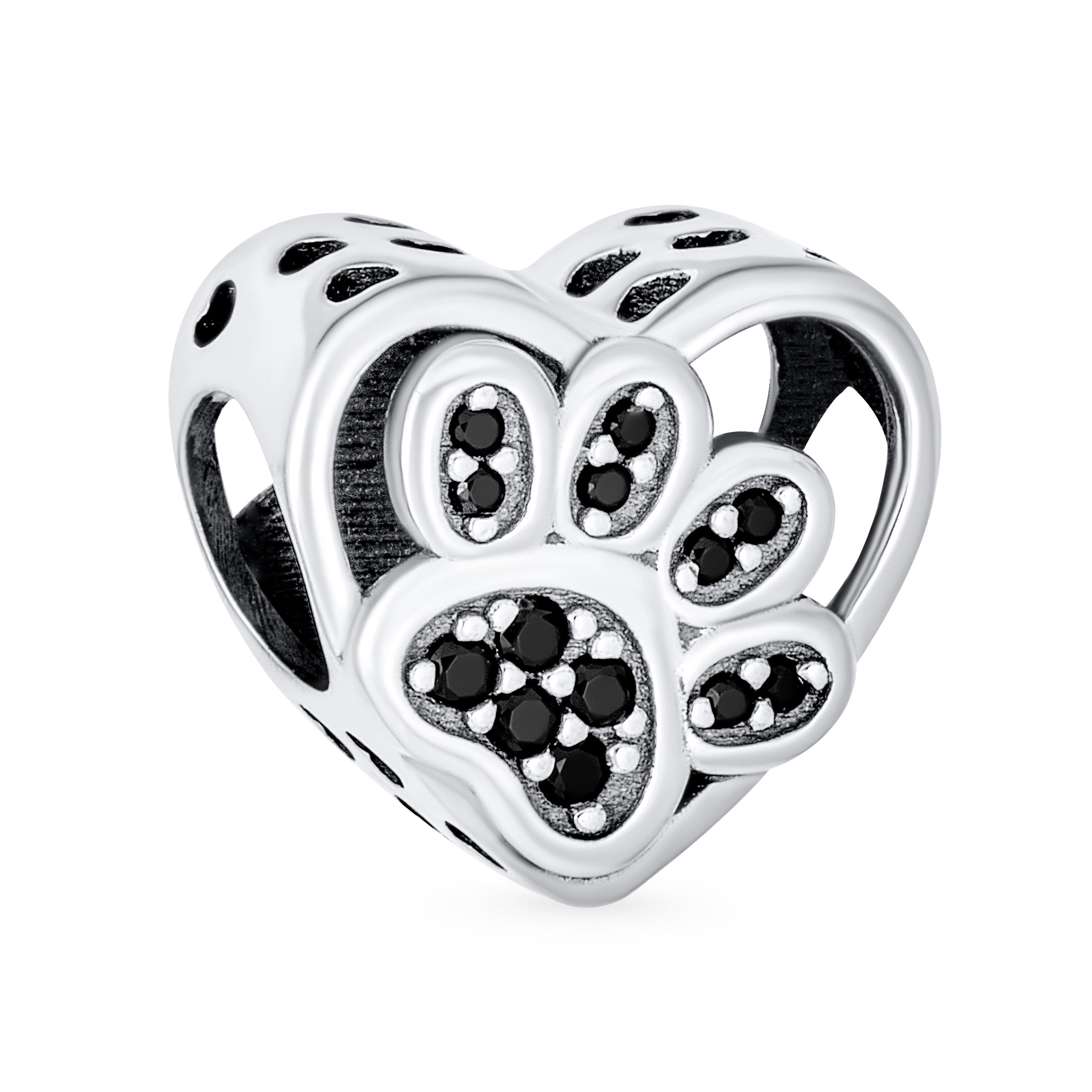 black-cz-pet-paw-print-bead-pbx-slb-hsz-2208d-az_01 Black CZ Heart Paw Print Charm Bead for Pet Lovers - Image 1