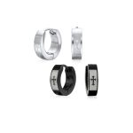 Set of 2 Fleur De Lis Cross Silver Black Huggie Hoop Earrings Stainless Steel