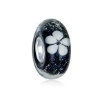Set of 4 Black White Floral Glass Charm Bead for European Bracelets with Sterling Silver Core - Image 2