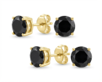 Set of 2 Round Black CZ Stud Earrings Gold Plated Sterling Silver 6MM & 8MM