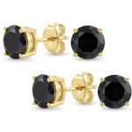 Set of 2 Round Black CZ Stud Earrings Gold Plated Sterling Silver 6MM & 8MM