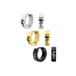 Set of 3 Cross Dragon Stars Skulls Greek Key Earrings Black Gold Plated Steel