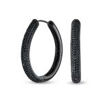 Large Cubic Zirconia Pave CZ Big Oval Black Hoop Earrings Inside Out Design