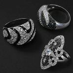 Art Deco Black White CZ Filigree Statement Full Finger Ring Silver Plated - Image 5